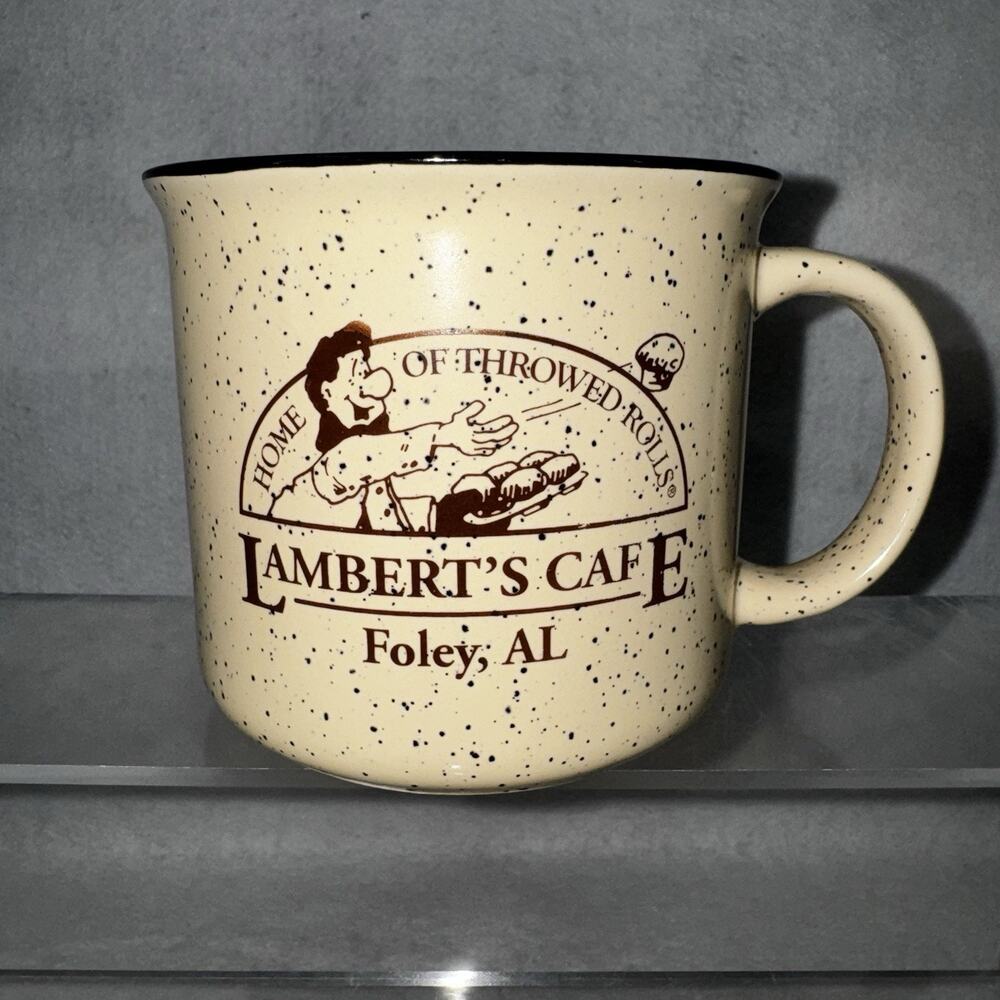 Lamberts Cafe Mug Home of Throwed Rolls Beige Ceramic Campfire Speckled Foley,AL